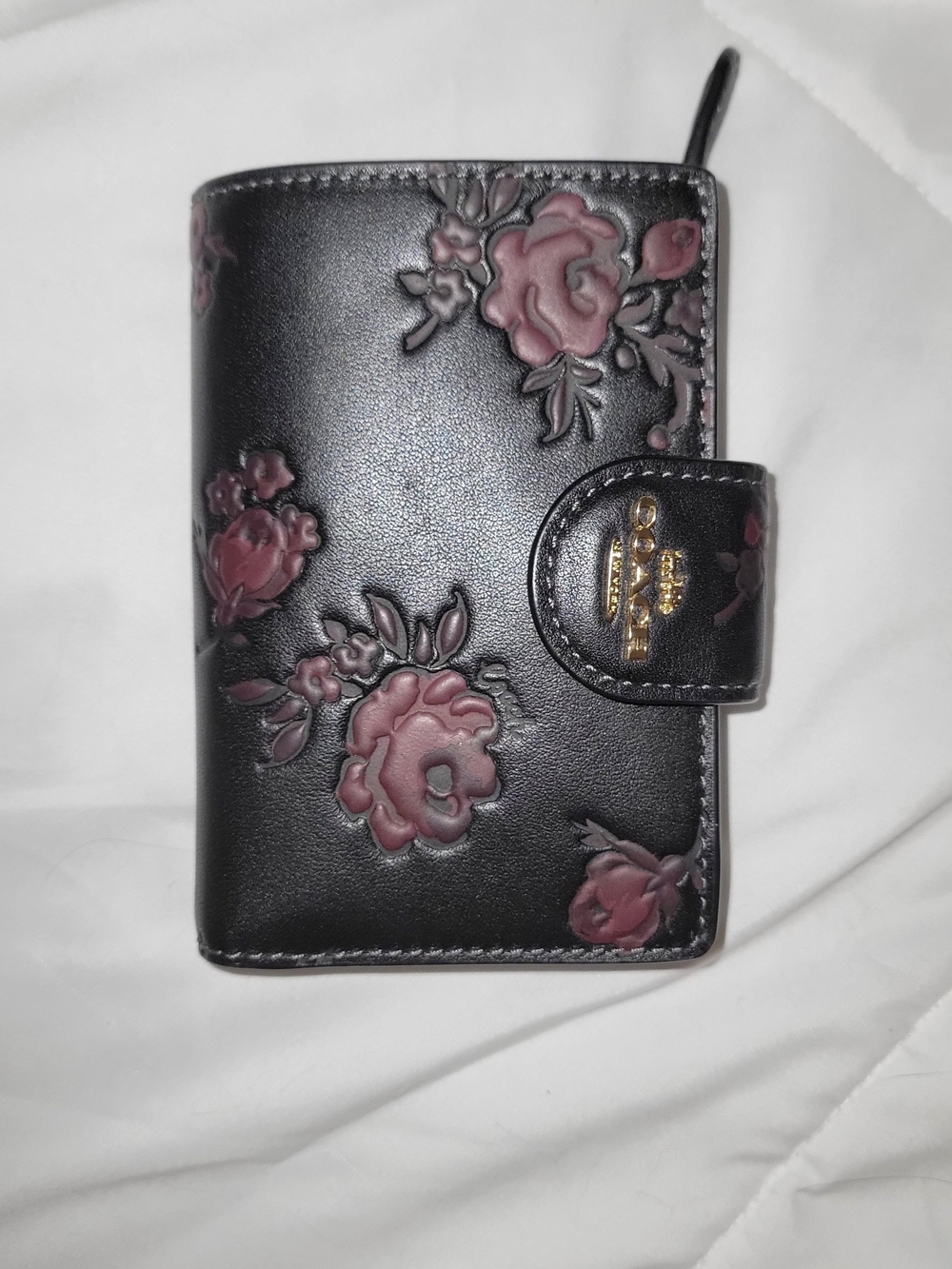 Coach Medium Corner Zip Wallet Floral Embossed Leather Wallet with Snap Closure